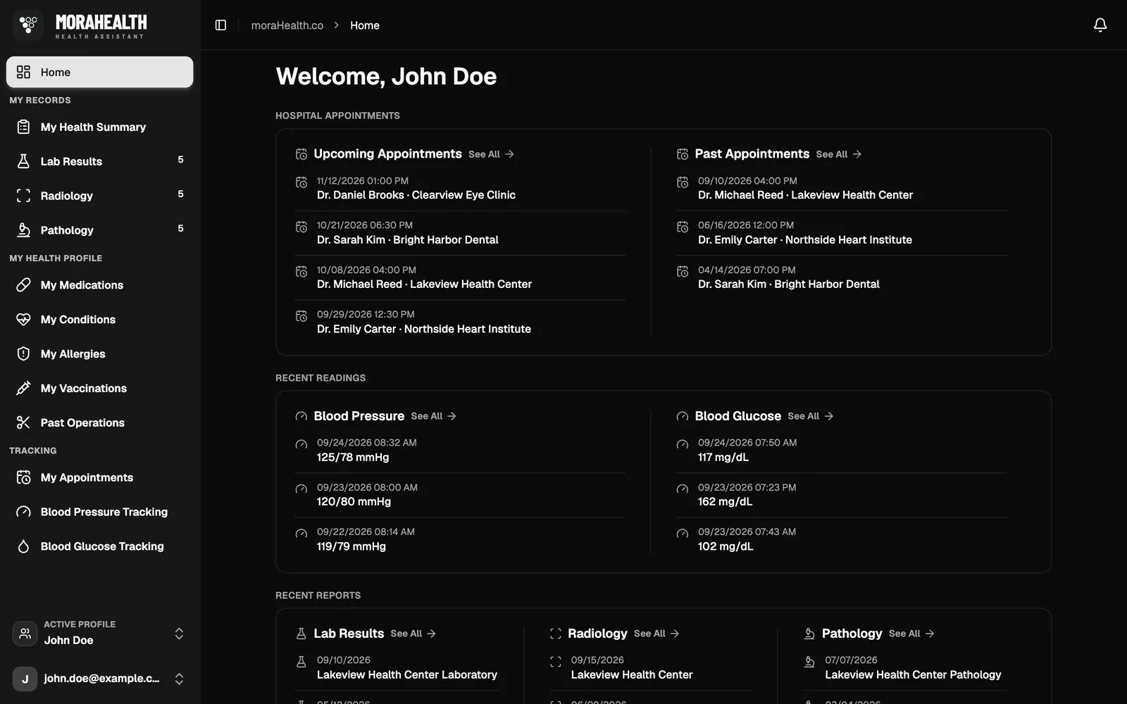 MoraHealth home: appointments and recent readings