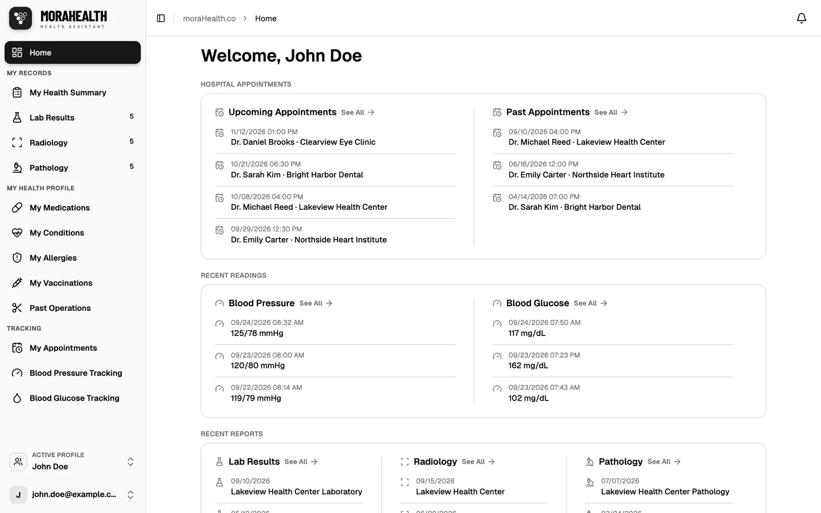 MoraHealth home: appointments and recent readings