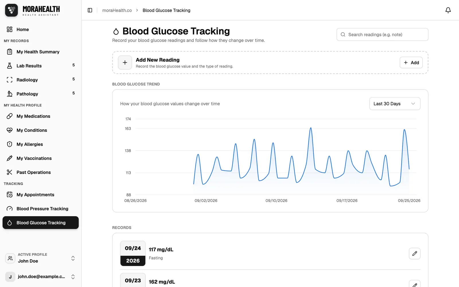 Blood glucose tracking chart