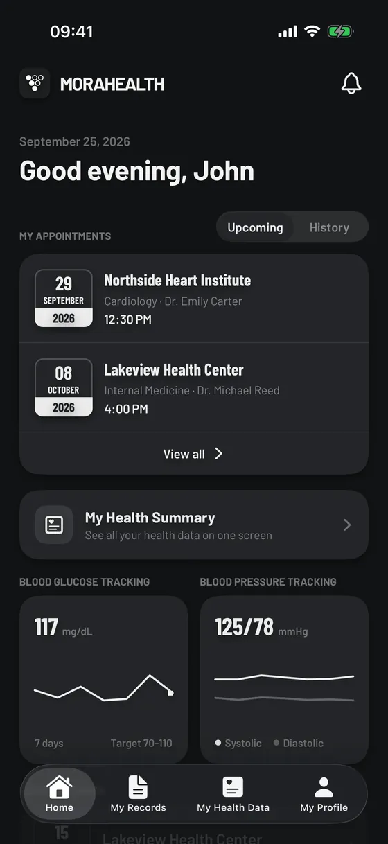 MoraHealth iPhone app home screen