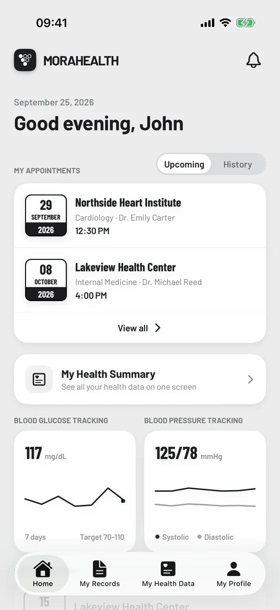 MoraHealth iPhone app home screen