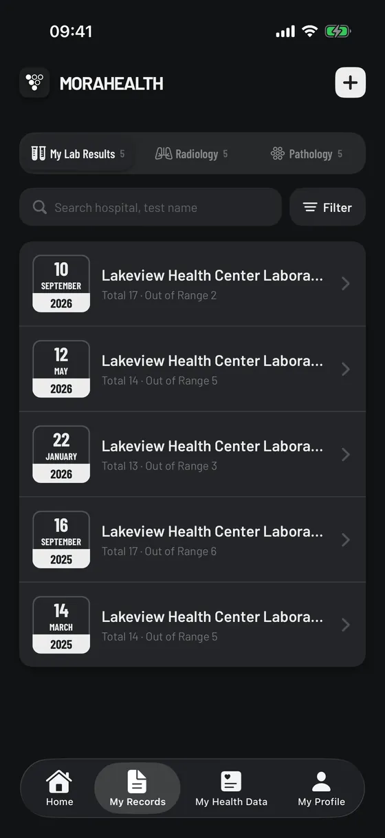 Lab results list on iPhone